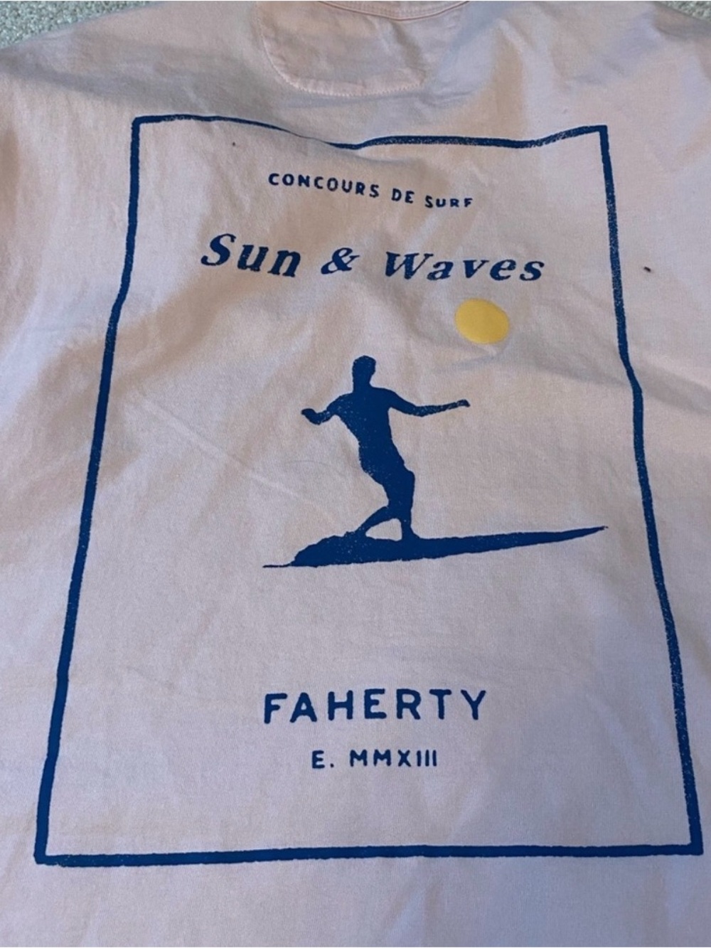 Faherty Light Pink T-shirt with Navy Surf Graphic and Yellow Sun